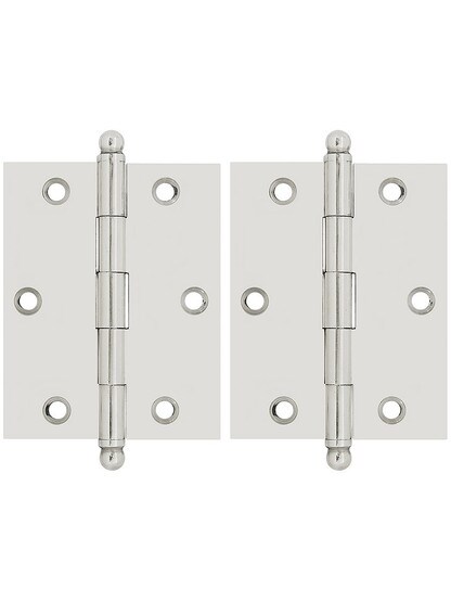 Pair of Solid Brass Ball-Tip Cabinet Hinges - 2 1/2 inch x 2 inch in Polished Nickel